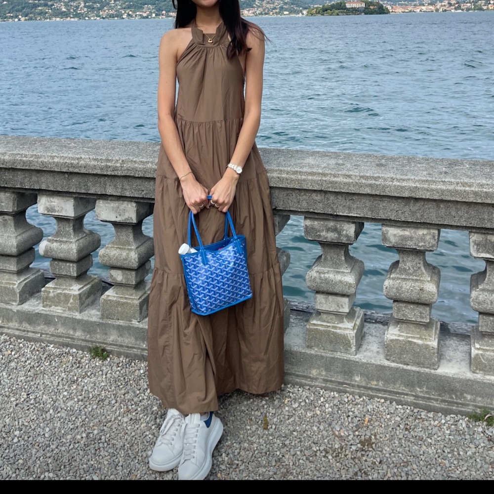 brown halter neck dress from theory